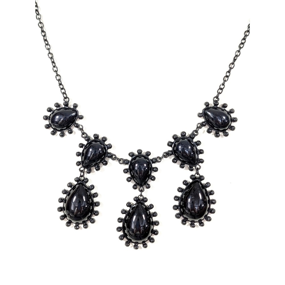 Black Gothic Bib Necklace with Teardrop Cabochons Dark Romantic Statement 21"